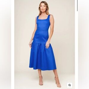 Flying Tomato BONNIE BLUE MIDI DRESS WITH SQUARE NECKLINE & DROP WAIST